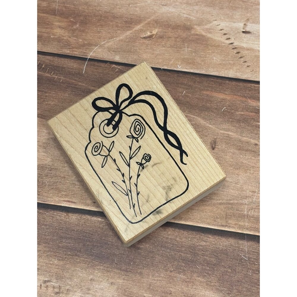 2001 PSX G-3163 FLORAL HANG TAG WOOD MOUNTED RUBBER STAMP ROSE RIBBON